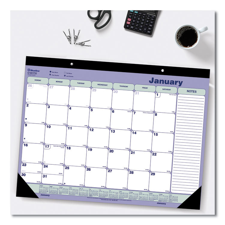 Monthly Desk Pad Calendar, 21.25 x 16, White/Blue/Green Sheets, Black Binding, Black Corners, 12-Month (Jan to Dec): 2025