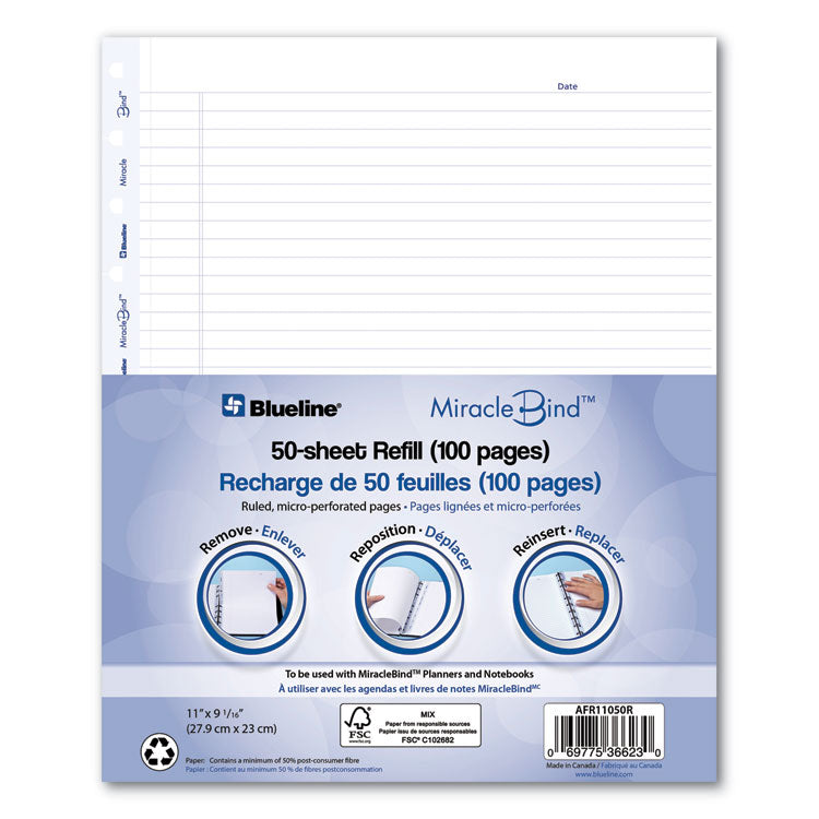 Miraclebind Ruled Paper Refill Sheets For All Miraclebind Notebooks And Planners, 11 X 9.06, White/blue Sheets, Undated
