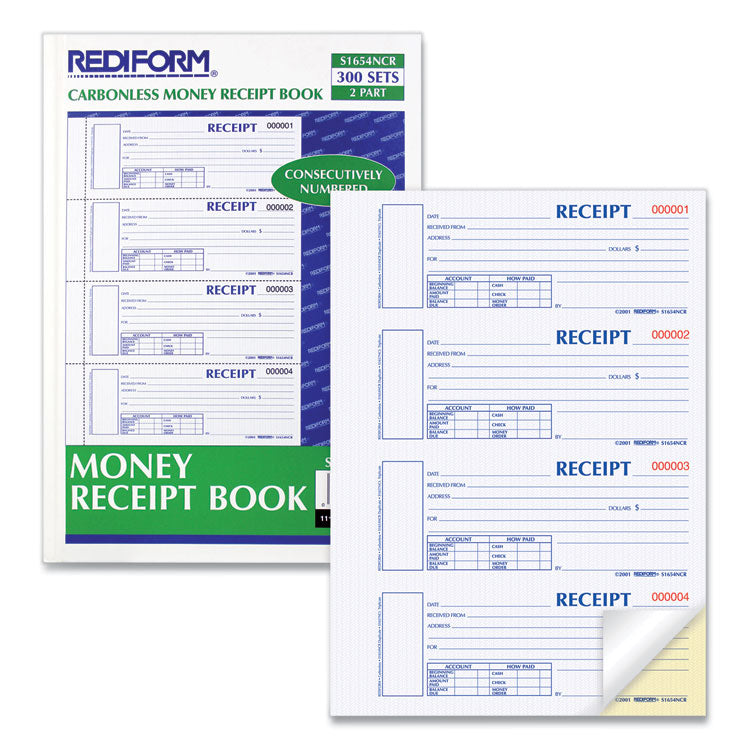Durable Hardcover Numbered Money Receipt Book, Two-Part Carbonless, 6.88 x 2.75, 4 Forms/Sheet, 300 Forms Total