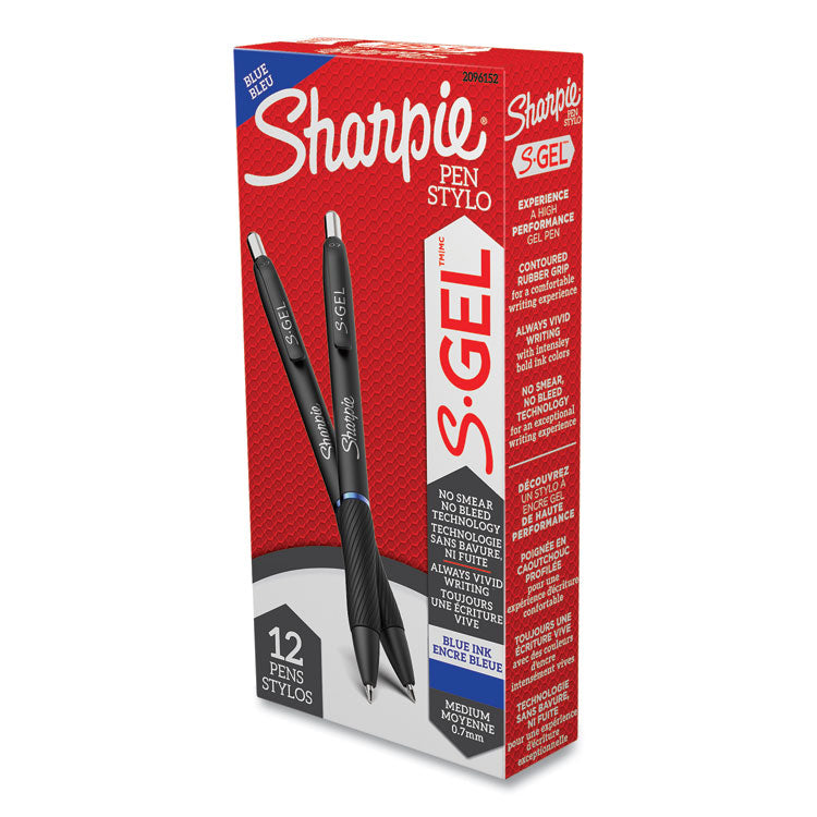 S-Gel High-Performance Gel Pen, Retractable, Medium 0.7 Mm, Blue Ink, Black Barrel, Dozen
