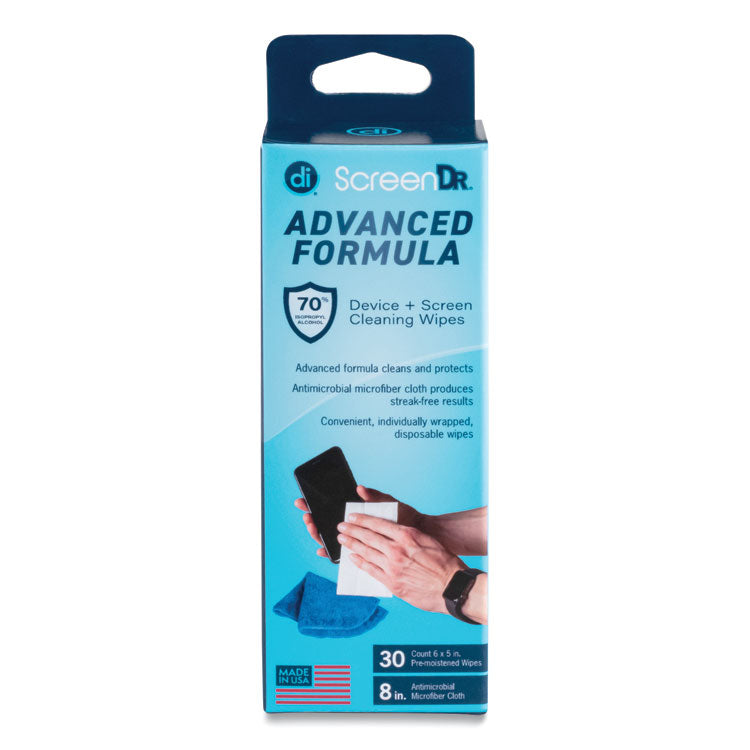 ScreenDr Device and Screen Cleaning Wipes, Includes 30 Individually Wrapped Wipes and 8" Microfiber Cloth, 6 x 5, White