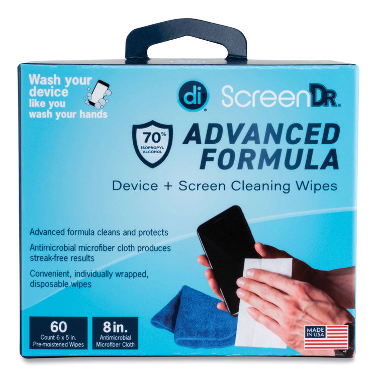 ScreenDr Device and Screen Cleaning Wipes, Includes 60 Individually Wrapped Wipes and 8" Microfiber Cloth, 6 x 5, White
