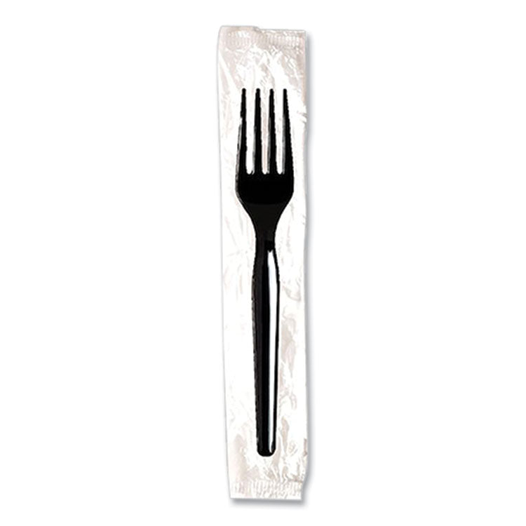 Individually Wrapped Mediumweight Polystyrene Cutlery, Fork, Plastic, Black, 1,000/Carton