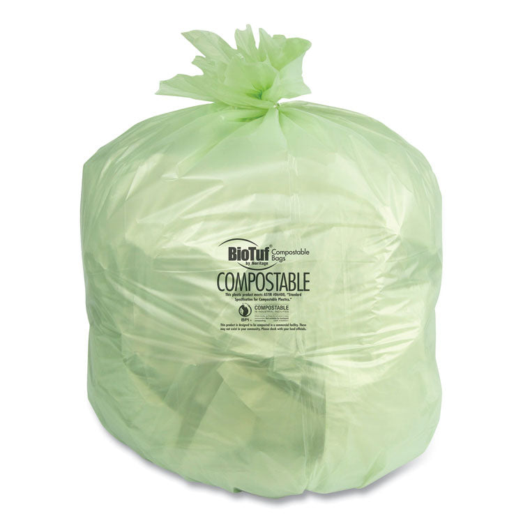 Biotuf Compostable Can Liners, 30 gal, 1 mil, 28" x 45", Green, 25 Bags/Roll, 5 Rolls/Carton