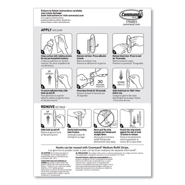 General Purpose Wire Hooks, Medium, Metal, White, 2 lb Capacity, 13 Hooks and 16 Strips/Pack