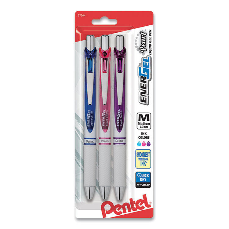 EnerGel Pearl Gel Pen, Retractable, Medium 0.7 mm, Assorted Ink and Barrel Colors, 3/Pack