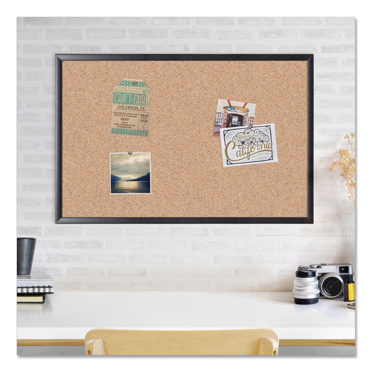 Cork Bulletin Board, 36" x 24" (Actual Size: 35" x 23"), Tan Surface, Black Wood Frame