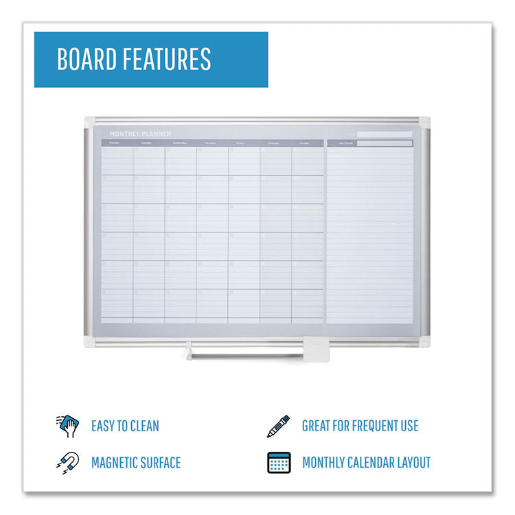 Magnetic Dry Erase Calendar Board, Monthly Planning/Scheduling, 36" x 24", White Surface, Satin Aluminum Frame