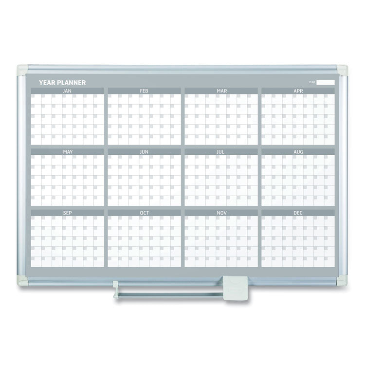 Magnetic Dry Erase Calendar Board, 12-Month Planning/Scheduling, 36" x 24", White Surface, Satin Aluminum Frame