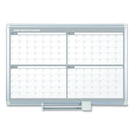Magnetic Dry Erase Calendar Board, Four-Month Planning/Scheduling, 48" x 36", White Surface, Satin Aluminum Frame