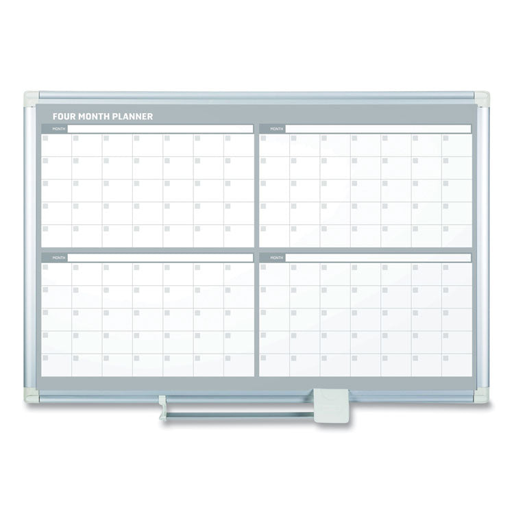 Magnetic Dry Erase Calendar Board, Four-Month Planning/Scheduling, 48" x 36", White Surface, Satin Aluminum Frame