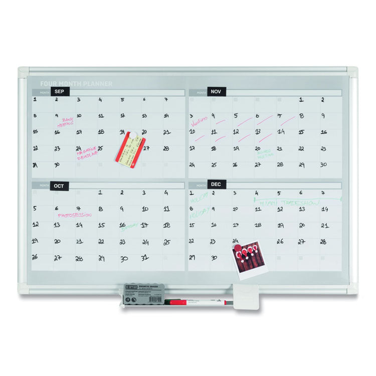 Magnetic Dry Erase Calendar Board, Four-Month Planning/Scheduling, 48" x 36", White Surface, Satin Aluminum Frame