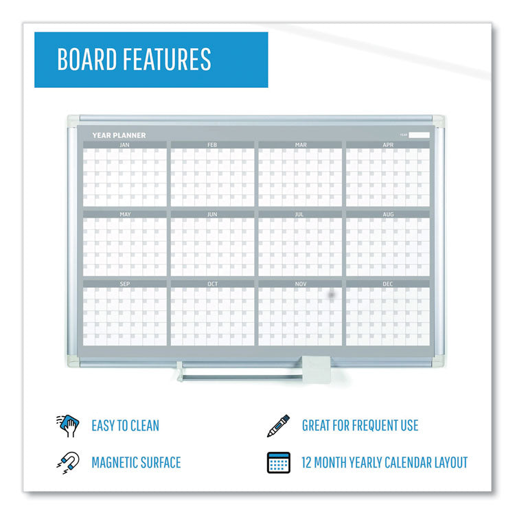 Magnetic Dry Erase Calendar Board, 12-Month Planning/Scheduling, 48" x 36", White Surface, Satin Aluminum Frame