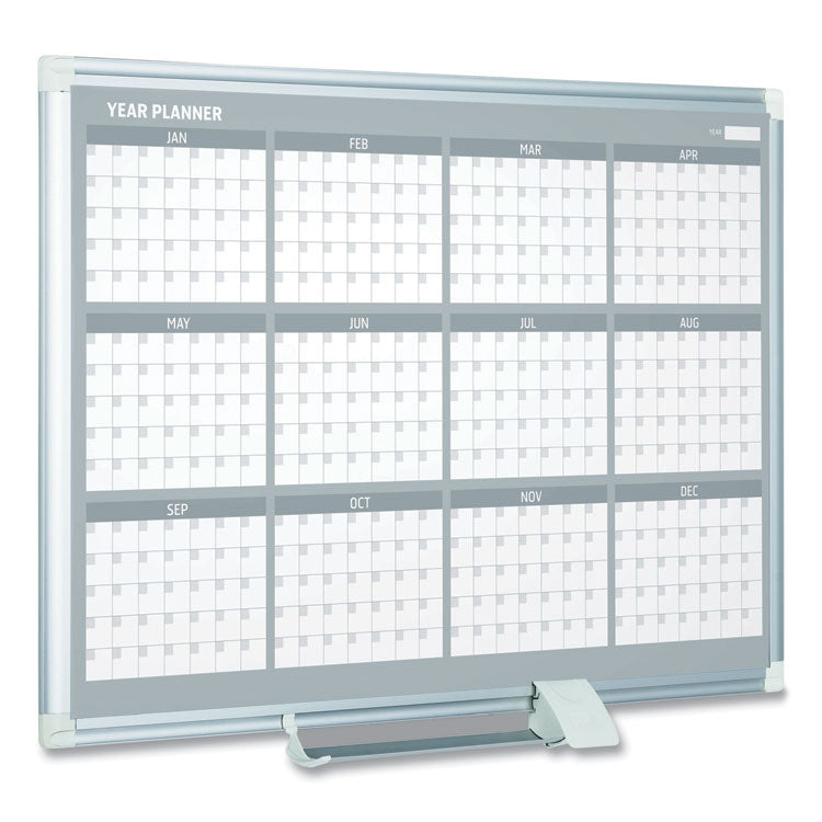 Magnetic Dry Erase Calendar Board, 12-Month Planning/Scheduling, 48" x 36", White Surface, Satin Aluminum Frame