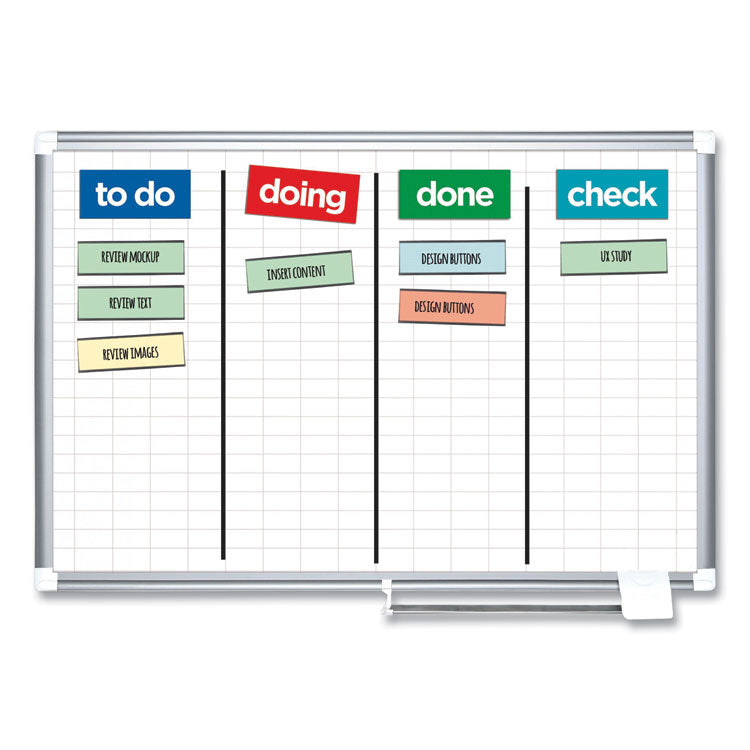 Gridded Magnetic Steel Dry Erase Project Planning Board, 1" x 2" Cells, 72" x 48", White Surface, Satin Aluminum Frame