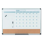 3-in-1 Planner Board, Monthly Planning/Scheduling Calendar, 24" x 18", Tan/White/Blue Surface, Satin Aluminum Frame