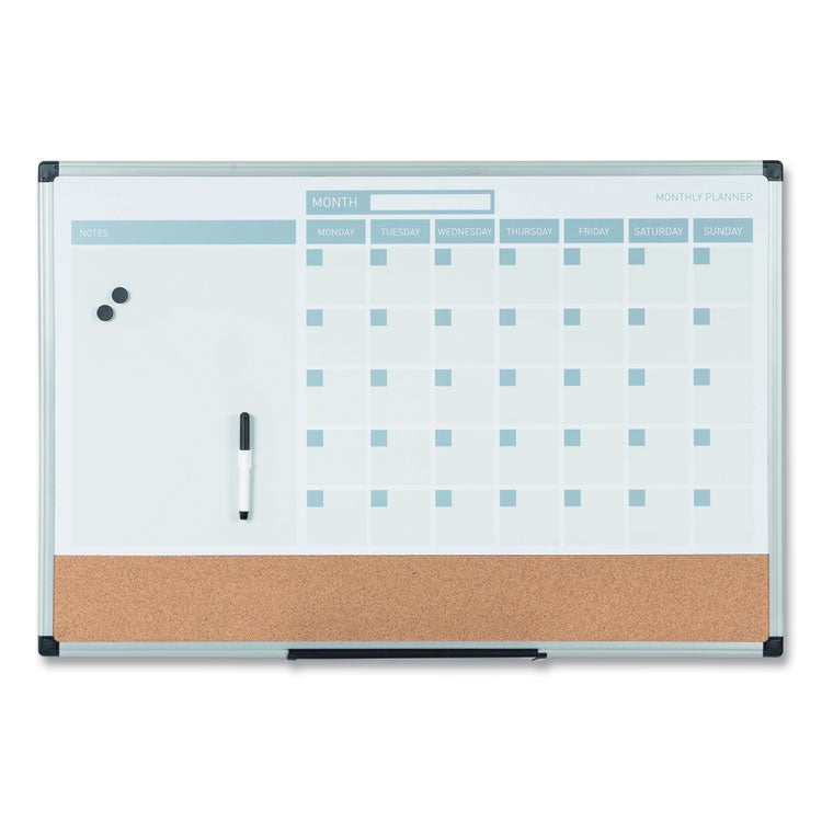 3-in-1 Planner Board, Monthly Planning/Scheduling Calendar, 24" x 18", Tan/White/Blue Surface, Satin Aluminum Frame