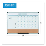 3-in-1 Planner Board, Monthly Planning/Scheduling Calendar, 24" x 18", Tan/White/Blue Surface, Satin Aluminum Frame