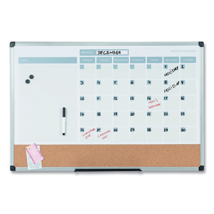 3-in-1 Planner Board, Monthly Planning/Scheduling Calendar, 24" x 18", Tan/White/Blue Surface, Satin Aluminum Frame