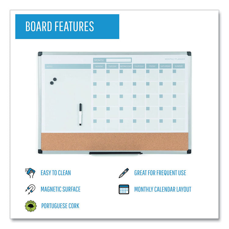 3-in-1 Planner Board, Monthly Planning/Scheduling Calendar, 24" x 18", Tan/White/Blue Surface, Satin Aluminum Frame