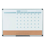 3-in-1 Planner Board, Monthly Planning/Scheduling Calendar, 24" x 18", Tan/White/Blue Surface, Satin Aluminum Frame