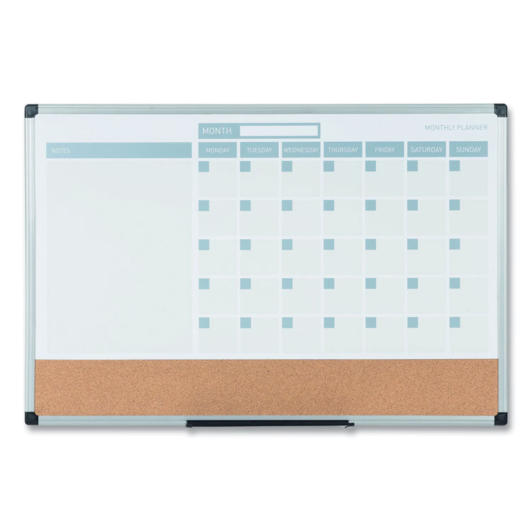 3-in-1 Planner Board, Monthly Planning/Scheduling Calendar, 24" x 18", Tan/White/Blue Surface, Satin Aluminum Frame