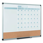 3-in-1 Planner Board, Monthly Planning/Scheduling Calendar, 24" x 18", Tan/White/Blue Surface, Satin Aluminum Frame