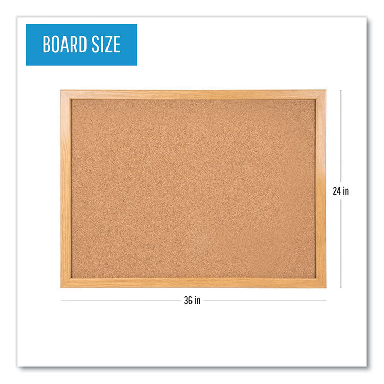Value Cork Board with Oak Frame, 24" x 36", Brown Surface, Natural Oak Frame