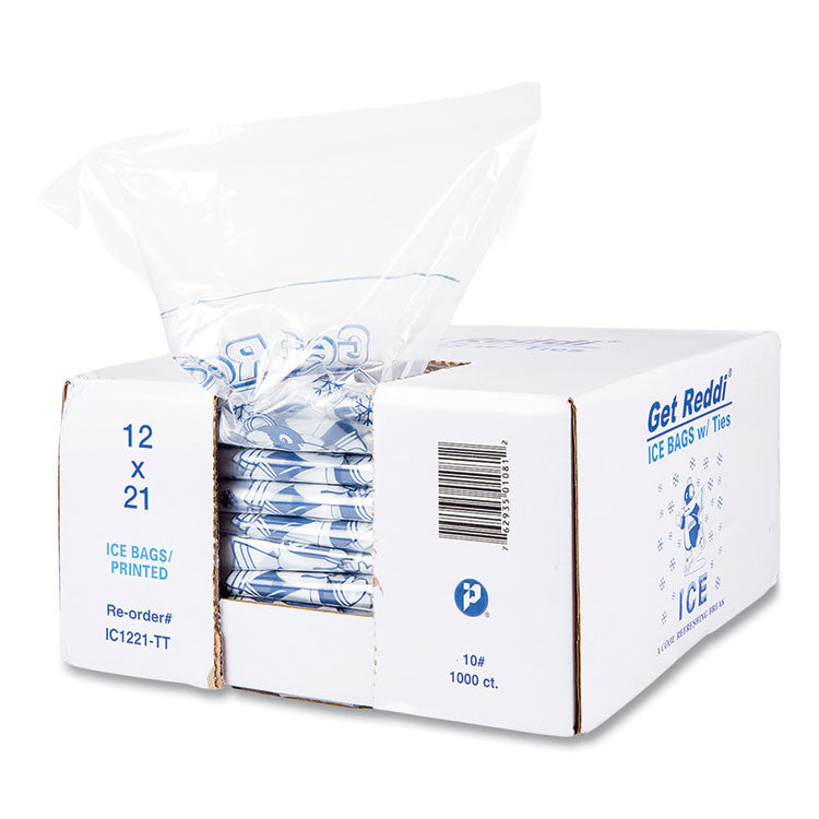 Ice Bags with Twist-Ties, Ice: Penguin Icon Labeling, 10 lb Capacity, 12" x 21", Clear, 1,000/Carton