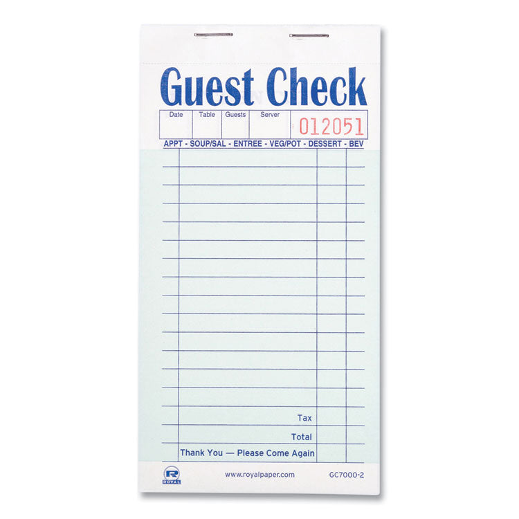 Guest Check Pad, 17 Lines, Two-Part Carbonless, 3.6 x 6.7, 50 Forms/Pad, 50 Pads/Carton
