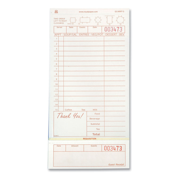 Guest Check Loose-Pack Refill, 15 Lines, Three-Part Carbonless, 4.2 x 8.5, 200 Forms/Pad, 10 Pads/Carton
