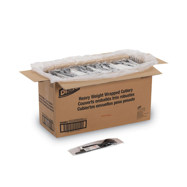 Wrapped Tableware/Napkin Packets, Mediumweight, Fork/Knife/Napkin/Spoon, Plastic, Black, 250/Carton