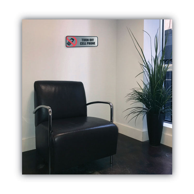 Brushed Metal Office Sign, Turn Off Cell Phone, 9 X 3, Silver/red