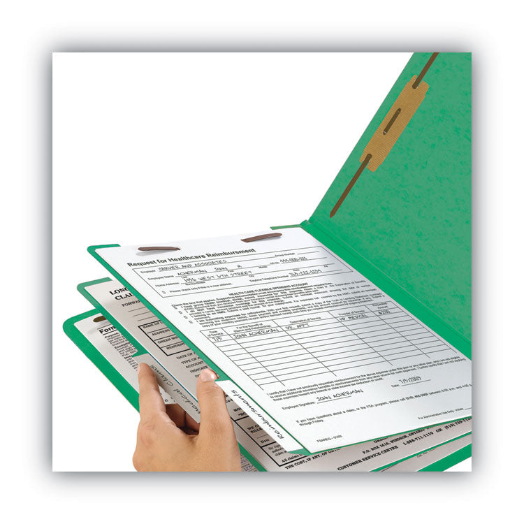 Colored End Tab Classification Folders with Dividers, 2" Expansion, 2 Dividers, 6 Fasteners, Letter Size, Green, 10/Box