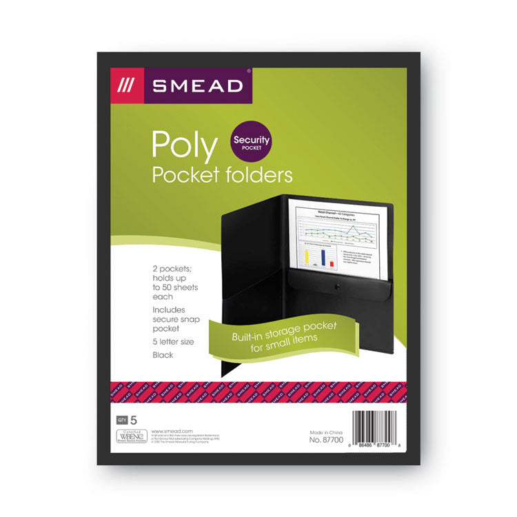 Poly Two-Pocket Folder With Snap Closure Security Pocket, 100-Sheet Capacity, 11 X 8.5, Black, 5/pack