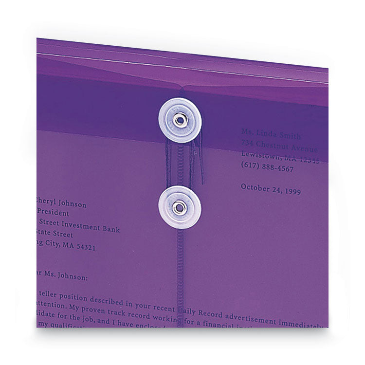 Poly String and Button Interoffice Envelopes, Open-End (Vertical), 9.75 x 11.63, Transparent Purple, 5/Pack