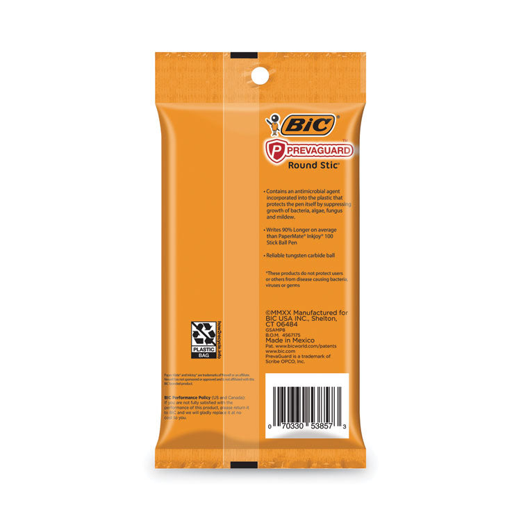 PrevaGuard Round Stic Ballpoint Pen, Stick, Medium 1 mm, Black Ink, Black Barrel, 8/Pack