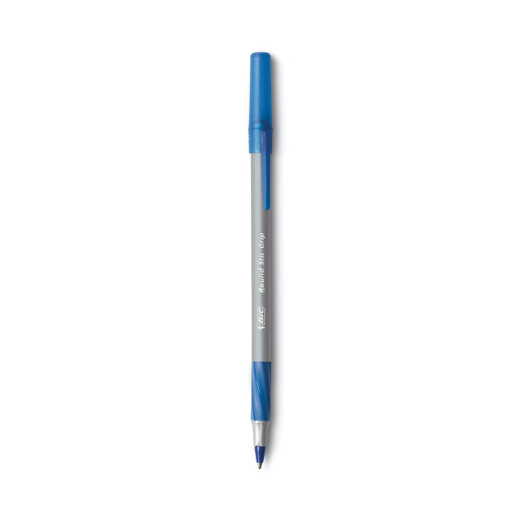 Round Stic Grip Xtra Comfort Ballpoint Pen, Easy-Glide System, Stick, Medium 1.2 mm, Blue Ink, Gray/Blue Barrel, Dozen