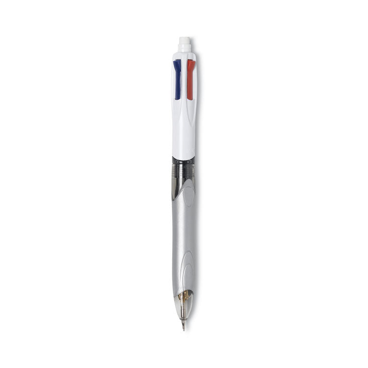 4-Color 3 + 1 Ballpoint Pen/Pencil, Retractable, Medium 1 mm Pen/0.7 mm Pencil, Black/Blue/Red Ink, Gray/White Barrel