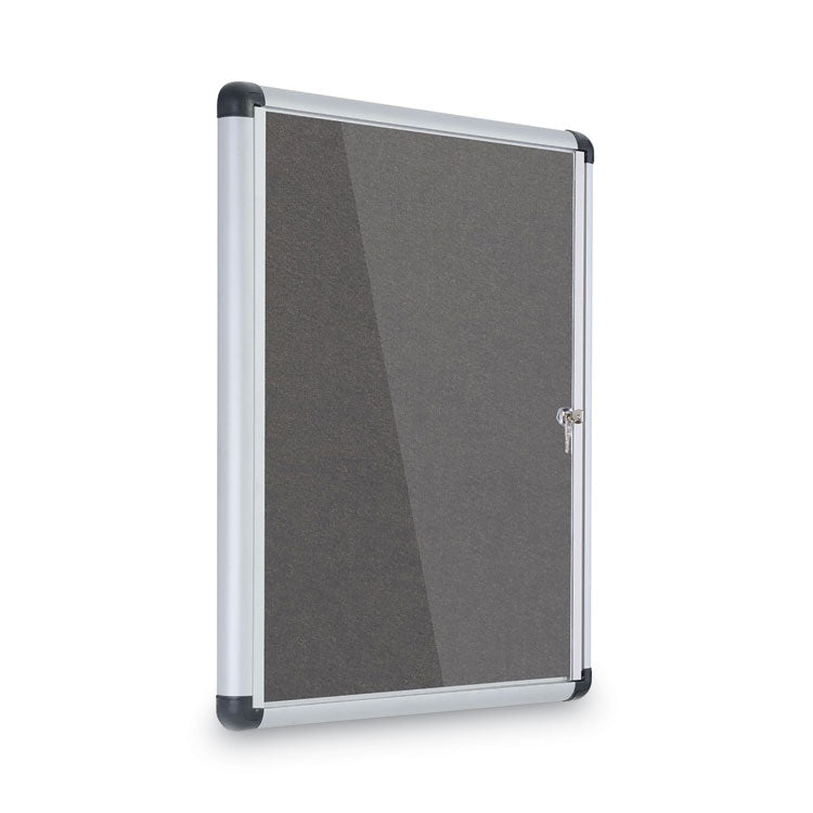Slim-Line Enclosed Fabric Bulletin Board with One Door, 28" x 38", Gray Surface, Satin Aluminum Frame