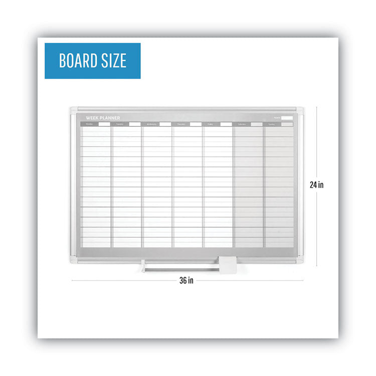 Magnetic Dry Erase Calendar Board, Weekly Planning/Scheduling, 36" x 24", White Surface, Satin Aluminum Frame