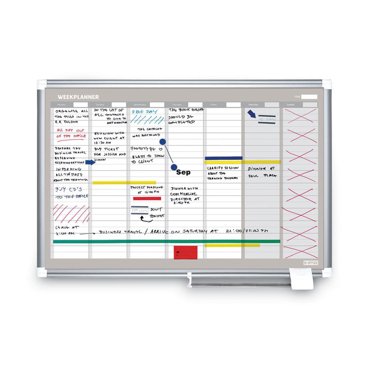 Magnetic Dry Erase Calendar Board, Weekly Planning/Scheduling, 36" x 24", White Surface, Satin Aluminum Frame