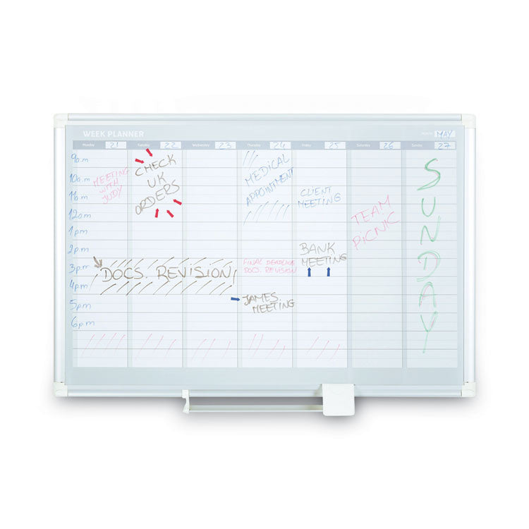 Magnetic Dry Erase Calendar Board, Weekly Planning/Scheduling, 36" x 24", White Surface, Satin Aluminum Frame