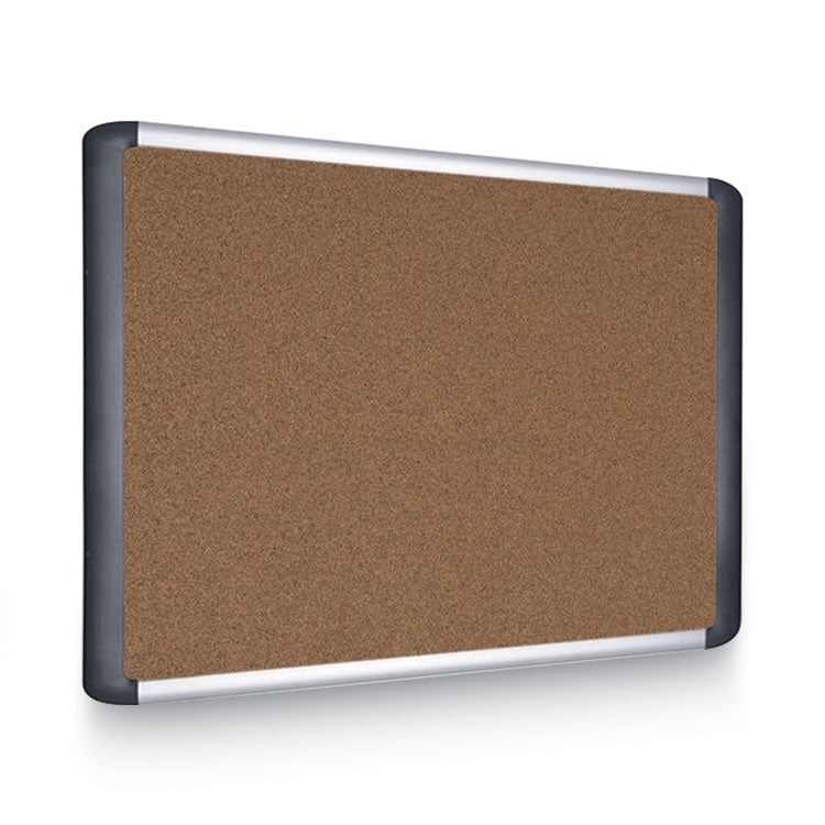 Tech Cork Board, 48" x 36", Tan Surface, Silver/Black Aluminum Frame