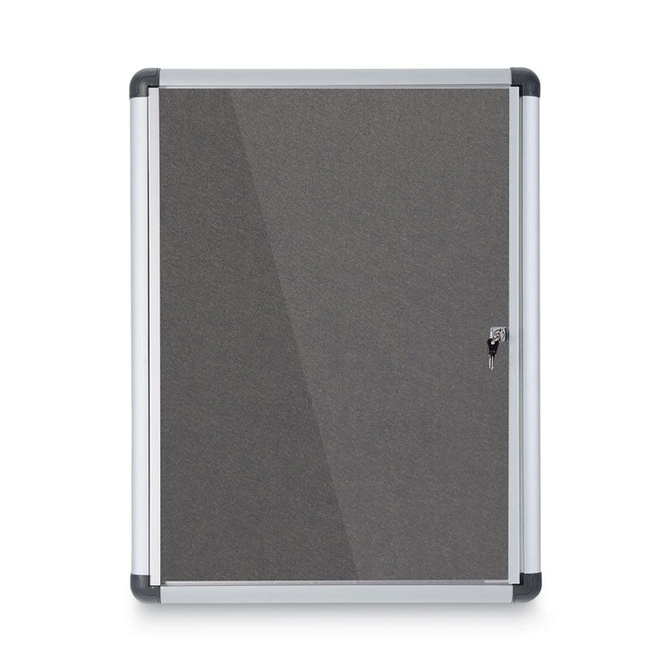 Slim-Line Enclosed Fabric Bulletin Board with One Door, 28" x 38", Gray Surface, Satin Aluminum Frame