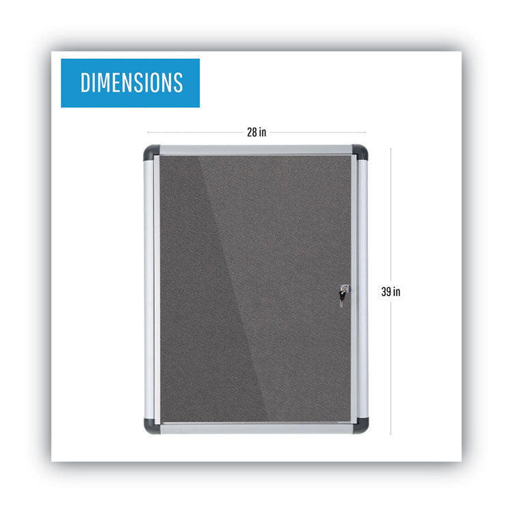 Slim-Line Enclosed Fabric Bulletin Board with One Door, 28" x 38", Gray Surface, Satin Aluminum Frame