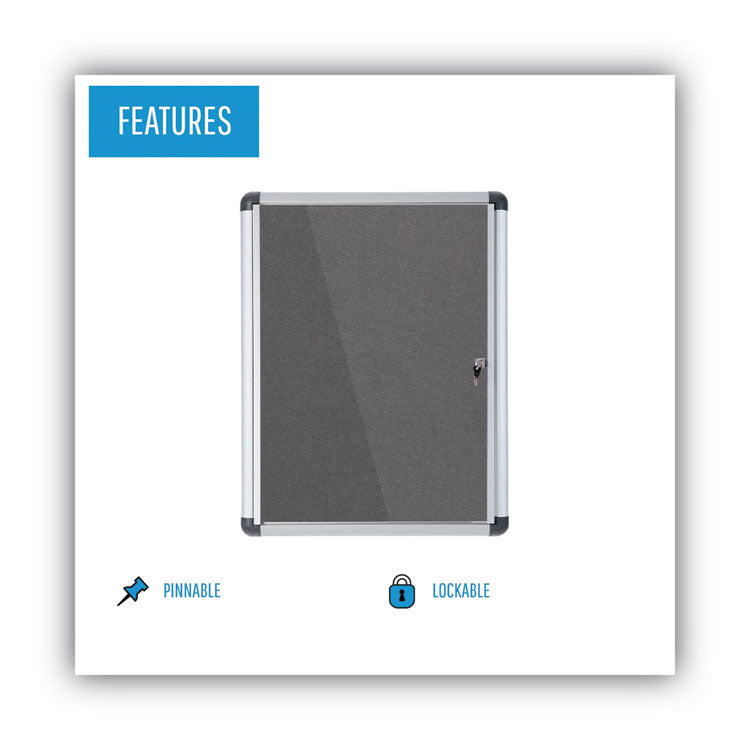 Slim-Line Enclosed Fabric Bulletin Board with One Door, 28" x 38", Gray Surface, Satin Aluminum Frame