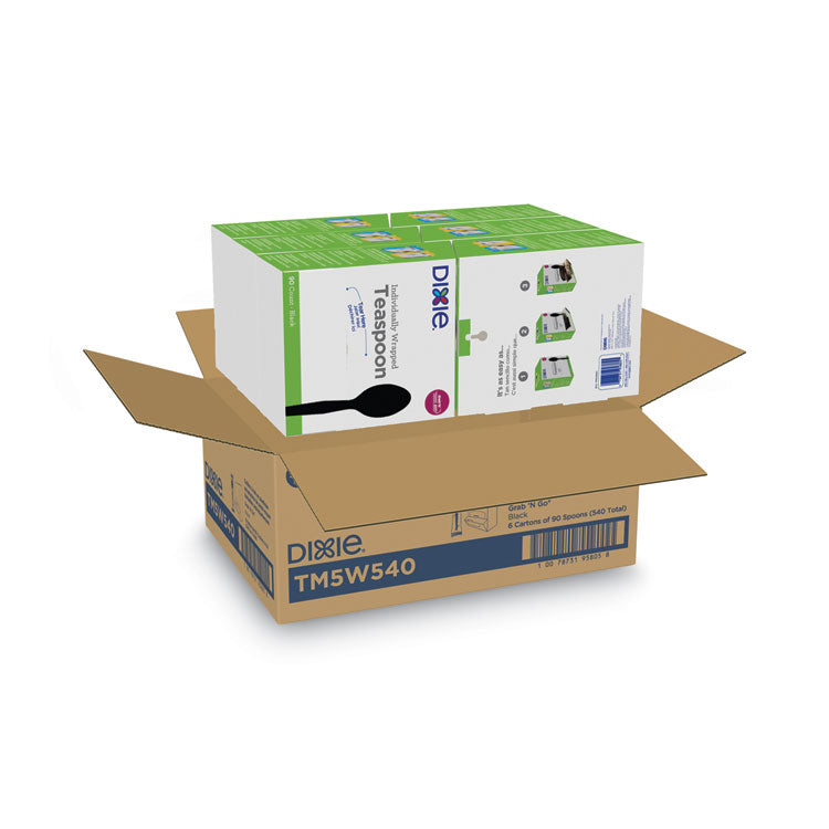 Grab'N Go Wrapped Cutlery, Spoon, Plastic, Black, 90/Box, 6 Boxes/Carton