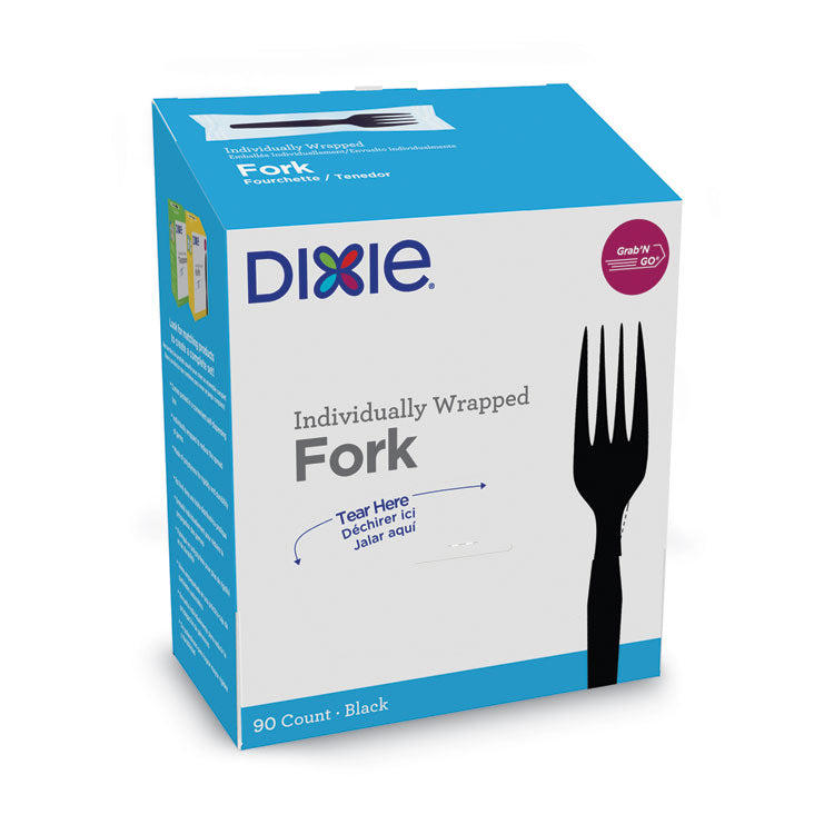 Grab'N Go Wrapped Cutlery, Fork, Plastic, Black, 90/Box