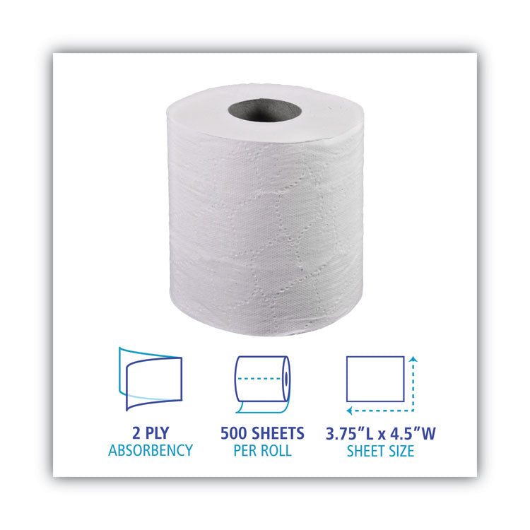 2-Ply Toilet Tissue, Septic Safe, White, 156.25 ft Roll Length, 500 Sheets/Roll, 96 Rolls/Carton